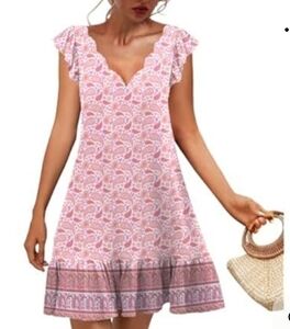 Boho Print Scalloped 'V' Neckline, Ruffle Hemline Dress, Small